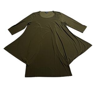 Nina Leonard Dark Olive Artsy Lagenlook Stretch Asymmetrical Hem Dress Sz 2XP